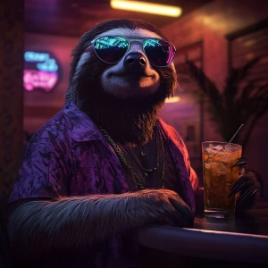Sloths slerf meme..having a drink at the night club, 80'S clothi...