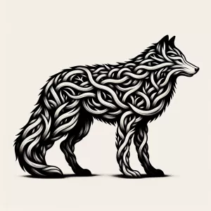 Create a black and white vector illustration featuring a wolf wh...