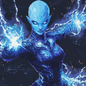 Create a 2D pixel art illustration of a female alien character w...