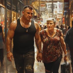 Realism art style.A muscular, sweaty man walking with his 50 yea...
