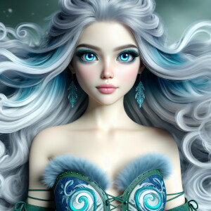A very beautiful girl with big breasts. Blue eyes. Long white ha...