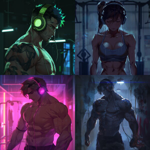 Anime muscle character, wearing headphones a the  night atmosphe...