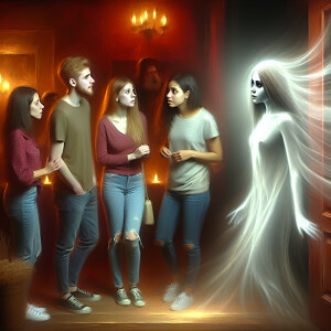 Two girls and two guys are standing in a dark room and talking t...