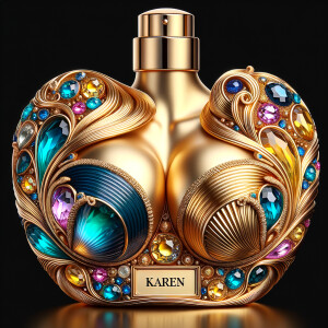 Create a 3-D realistic gold and  blue, colorful jewels perfume bottle
In the shape of a women’s body with the name Karen