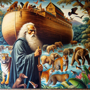 A close-up and detailed wall painting focusing on Noah, depicted...