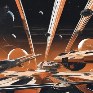 Depict a massive deco architecture-inspired space station in 2200, orbiting Mars. Showcase mars in the background, small shuttles engaging in docking and undocking maneuvers, and include imposing military vessels safeguarding the station. All following a deco design, with sleek and clean looking style and asymmetrical designs.