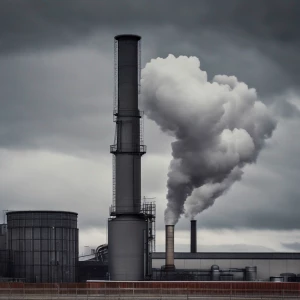 A single factory chimney releasing a faint plume of smoke against a gray sky.