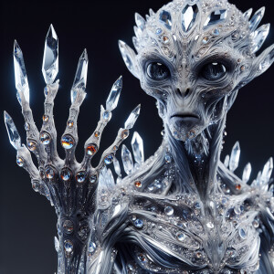 A crystalline alien with elongated hands and fingers. A grotesqu...