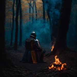 A knight sitting alone in a dark forest with fire