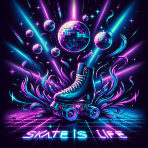 Black background. Roller skates disco balls laser lights. Lots o...