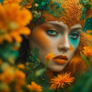sea creature, orange freckles, orange lipstick, green-blue eyes,...