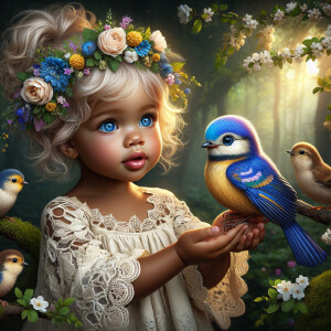 A magical scene featuring a light-skinned African-American toddl...