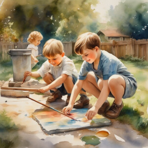 1920s oil painting of children playing in the yard, air brush 8k