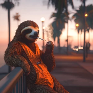 Sloths slerf meme..leaning on boardwalk railing smoking a cigare...
