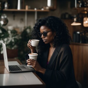 black women with lone black wavy hair wearing glasses, drinking...