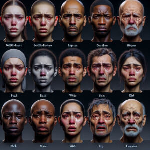 Individuals displaying visible signs of sadness, with tears stre...