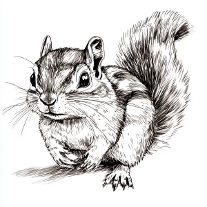 A cute chipmunk looking forward, with his body sideways showing...