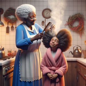 Create a realistic 3-D image of an african-American grandmother wearing a blue house dress and a white apron . She is in the kitchen with her african-American granddaughter. Her granddaughter is wearing a pink bath robe. The grandmother has a hot comb in her hand and she is straightening her granddaughters hair. One side of her granddaughters hair is in  a Afro the other straight 
There is smoke coming from the hot comb
The granddaughter is making a face