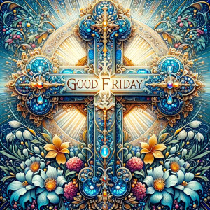 Create an image of a majestic cross, larger in size, with a harm...