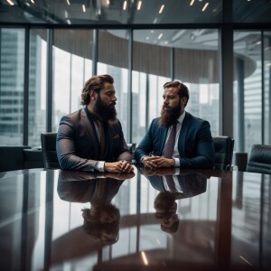 Two business men who are in a meeting in a ultra modern building...