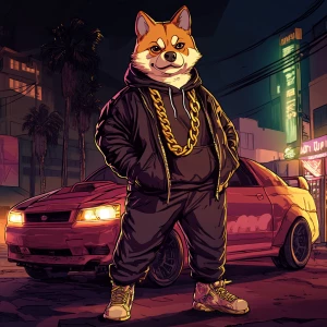 A gangster Shiba Inu cat inspired by Dogecoin, in urban GTA-styl...