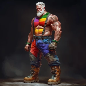 Create an image of a muscular bodybuilder with gray hair and a w...