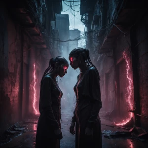 "A surreal double-exposure composition of shadowy, faceless figu...