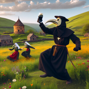 Plague doctor dancing lezginka with a glass of Guinness in hand....