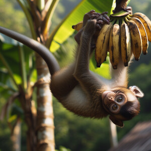 一只猴子倒挂在香蕉树上