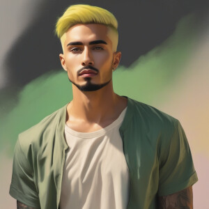 Man with yellow short hair, green eyes, masculine. black hair on...