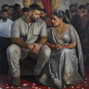 Realism sharp detailed painting,a muscular beefy sweaty man sitt...