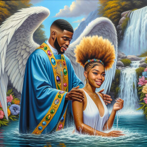 An oil painting depicting a large African-American angel with wi...