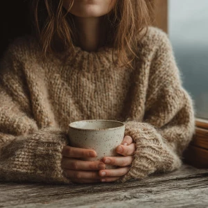 A young woman with long wavy hair wearing a chunky beige sweater...