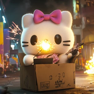 A large plush character, similar to Hello Kitty, featuring white...