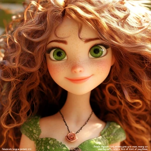 : "Female figure with long, curly brown hair and bright green ey...