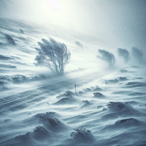 A severe winter storm characterized by strong winds and heavy sn...