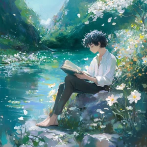 Create an image of an anime-style boy influenced by Pre-Raphaeli...