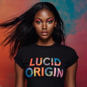 A Black female model wearing a stylish top with the phrase "Luci...