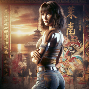 Athletic Thin skinny Attractive, Asian teenage girl, long brown hair and bangs, wearing tight skinny jeans and a halter top paint marks on her clothing, heroic pose Asian graffiti background, backside view