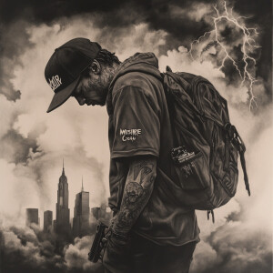 a charcoal image of man standing with their head bowed down, wea...