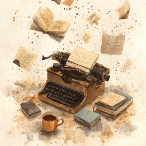 whimsical vintage illustration of a dusty old typewriter surroun...