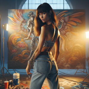 Athletic Thin skinny Attractive, Asian teenage girl, long brown hair and bangs, wearing tight skinny jeans and a halter top paint marks on her clothing, heroic pose Asian graffiti background, backside view