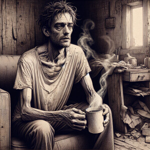 A hauntingly realistic portrayal of a skinny, disheveled man slo...