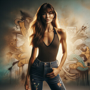 Athletic Thin skinny Attractive, Asian teenage girl, long brown hair and bangs, wearing tight skinny jeans and a halter top paint marks on her clothing, heroic pose Asian graffiti background, backside view