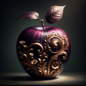 A sumptuous, oversized apple rests upon a shadowy surface, its skin a luxurious deep purple with a gradient that suggests a hidden light within. Gold leaf patterns sweep elegantly around the apple's curvature, reminiscent of baroque scrollwork. Attached to the apple is a realistic stem topped with a single, vibrant green leaf that appears to have a light source of its own. Surrounding the base of the apple is a delicate arrangement of flowers, each petal reflecting the apple's purple hue and the gold's sheen, adding a soft, natural contrast to the metallic ornamentation. Etched into the golden design, in a subtle and sophisticated script, is the name "Karen," integrating seamlessly with the curves and flourishes of the decoration.