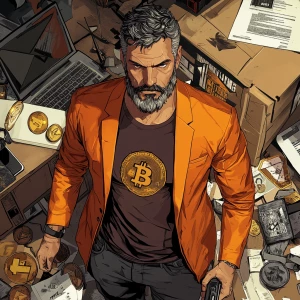 Create an image of a male character with short, gray hair and a...
