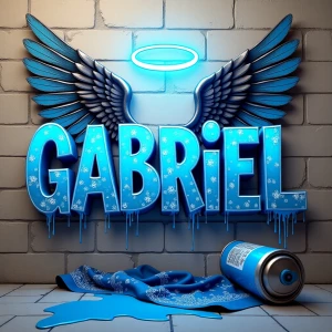 neon urban graffiti rock letters blue paisley print of name " GABRIEL" with crosses glowing. the name "GABRIEL" also has angel wings & a Silver halo hovering it. in the bottom right corner a can of spray paint dripping with metallic blue liquid. background is vanilla center block wall.blue paisley print bandana laying on the ground