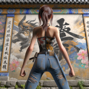 Athletic Thin skinny Attractive, Asian teenage girl, long brown hair and bangs, wearing tight skinny jeans and a halter top paint marks on her clothing, heroic pose Asian graffiti background, backside view