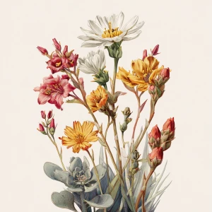 Desert wildflowers, botanical illustration, white background