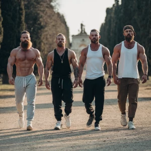 Four bodybuilder muscle, bearded, men walking in the park with j...